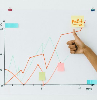 A hand giving thumbs up next to profit chart on a whiteboard, indicating success.